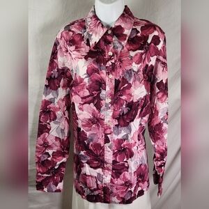 JONES NEW YORK Pink Floral Print Cotton Button-Up Blouse - Size 1X or 14W